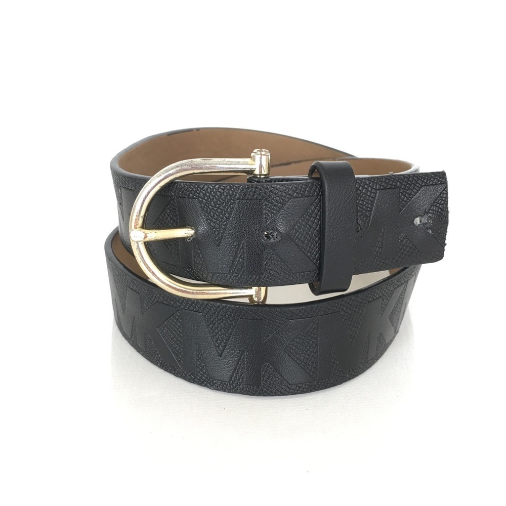 Michael Kors Black Leather Monogram Belt Gold Tone Metal Horseshoe Buckle Size S